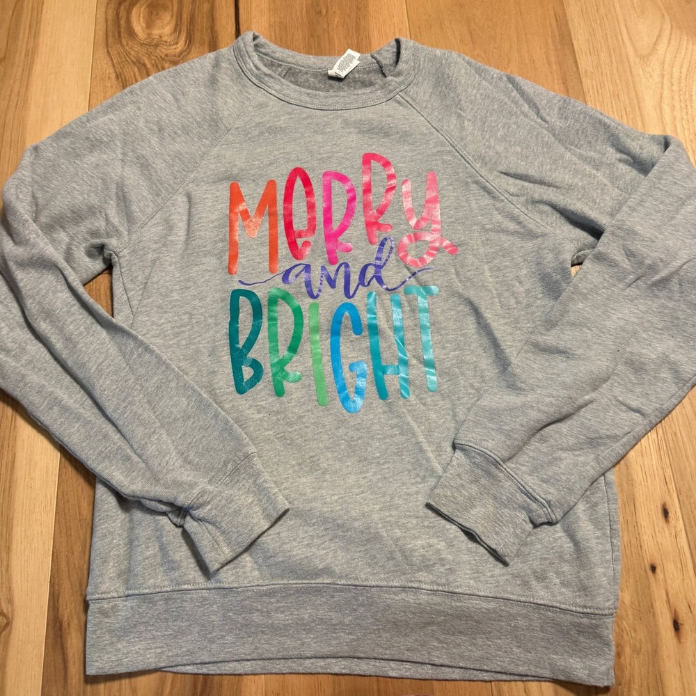 Bella + Canvas Sweatshirt Womens Medium Gray Merry and Bright Holiday Graphic